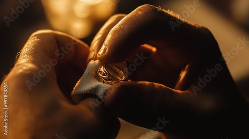 A close-up of a jeweler polishing a gold ring with a soft cloth.