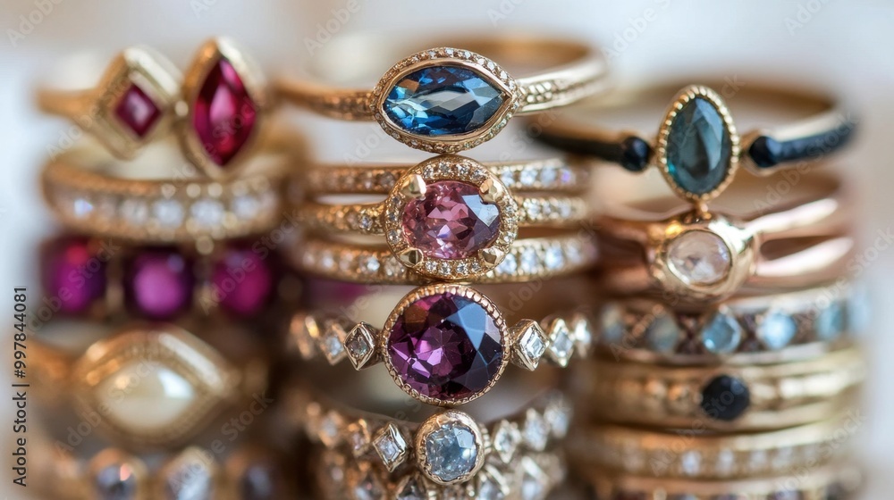 A close-up of a stack of rings, each featuring a unique gemstone and design. A close-up of a stack of rings, each featuring a unique gemstone and design.
