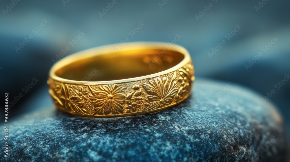 A gold ring with delicate engravings, displayed on a smooth stone. A gold ring with delicate engravings, displayed on a smooth stone.