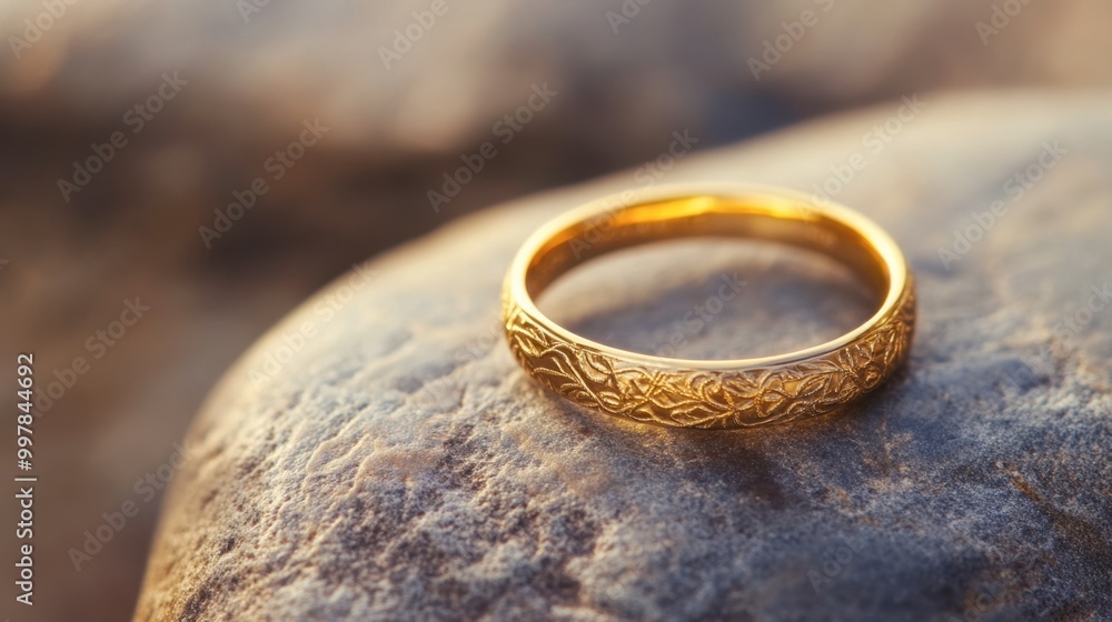 A gold ring with delicate engravings, displayed on a smooth stone. A gold ring with delicate engravings, displayed on a smooth stone.