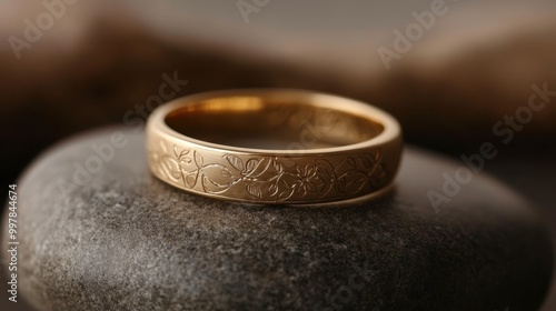 A gold ring with delicate engravings, displayed on a smooth stone.