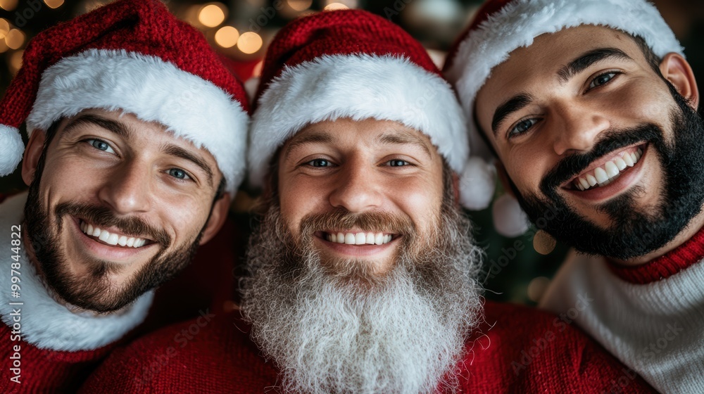 Three bearded men wearing Santa hats smile warmly for a festive Christmas portrait, with holiday lights and decorations creating a cozy atmosphere behind them. Three bearded men wearing Santa hats smile warmly for a festive Christmas portrait, with holiday lights and decorations creating a cozy atmosphere behind them.