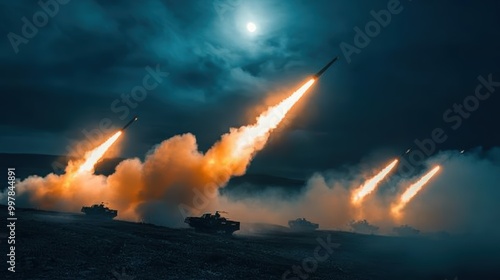 A series of rockets launch dramatically into the night sky, with their fiery trails cutting through the dark clouds in a powerful display of intensity and movement.