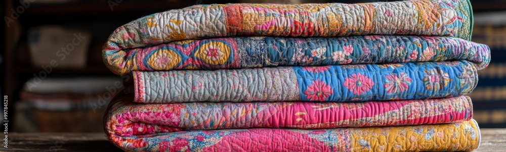 Stack colorful quilts stacked top each other are Several Stack colorful quilts stacked top each other are Several