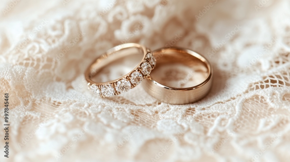 A pair of matching wedding rings placed on a white lace cloth with soft lighting. A pair of matching wedding rings placed on a white lace cloth with soft lighting.