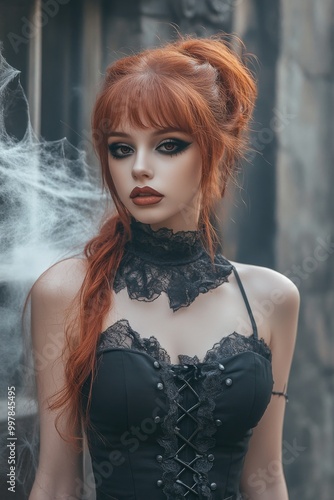 Portrait of a red head Goth style inspired woman, fashion and make-up shoot. Gothic, Goth, Emo, New Wave, Dark style fashion. Dark smokey make-up, red lipstick. Dramatic. Elegant.	
 photo