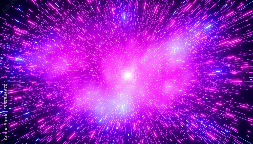 Chaotic Digital Storm – Glowing Neon Pink and Blue Pixels Radiating from Central Point Chaotic Digital Storm – Glowing Neon Pink and Blue Pixels Radiating from Central Point