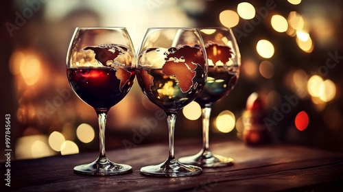 Fototapeta Naklejka Na Ścianę i Meble -  Three wine glasses world map design them are glasses
