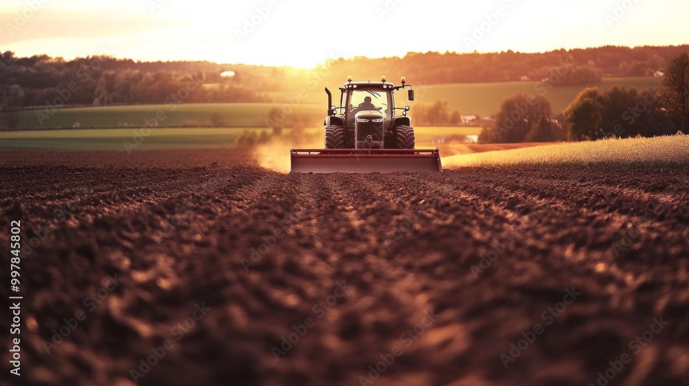 Fototapeta premium Tractor plowing field sunset is center image plow In spring farmers use