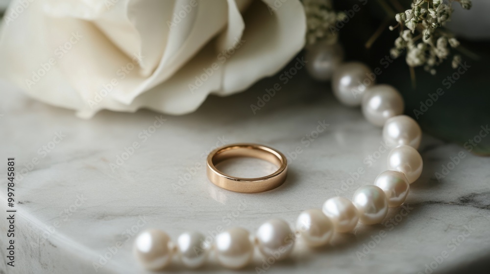 A ring displayed on a marble surface next to elegant pearls. A ring displayed on a marble surface next to elegant pearls.