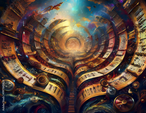 たくさんの書籍が浮遊する不可思議な空間　狂いだす時間の概念が渦を巻く幾何学的な円形の図形楽譜
