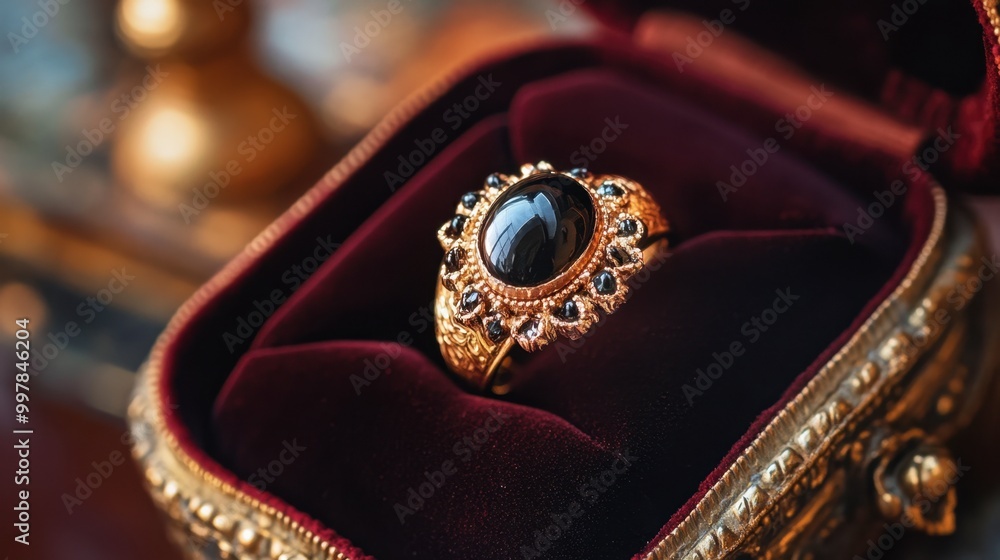 Obraz premium A ring with a black onyx stone displayed on a velvet jewelry box.