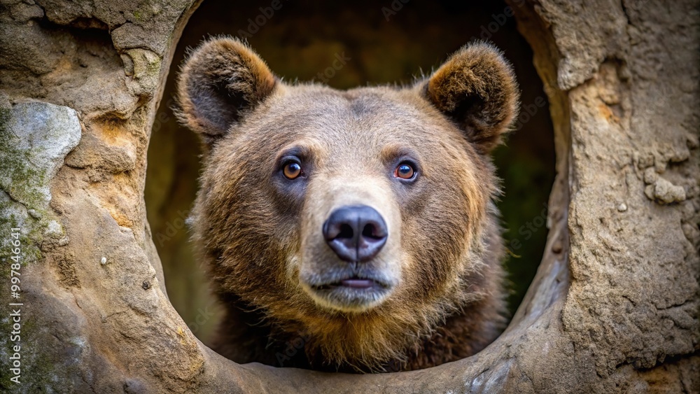 Obraz premium Excited and curious bear peeking through a hole