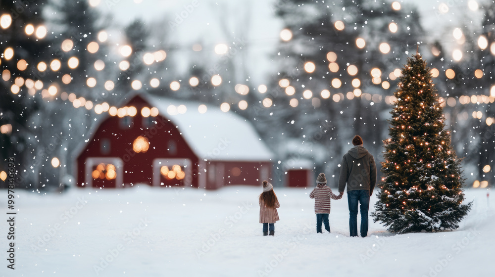 A family enjoys snowy winter evening, standing together in front of beautifully decorated Christmas tree and cozy red barn, surrounded by twinkling lights A family enjoys snowy winter evening, standing together in front of beautifully decorated Christmas tree and cozy red barn, surrounded by twinkling lights