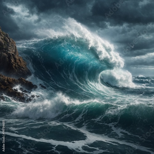 A powerful ocean wave crashing against a rocky cliff, water spraying high into the air, storm clouds looming overhead, seagulls flying against the wind, the raw power of nature filling the scene, tens