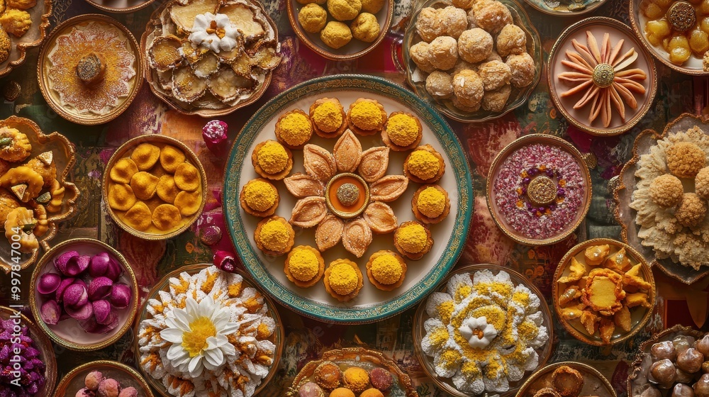 A Festive Arrangement of Golden and White Sweets on Ornate Plates A Festive Arrangement of Golden and White Sweets on Ornate Plates