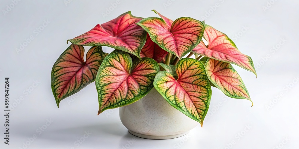 Obraz premium Exotic caladium bicolor leaves in white sugar pot isolated on white background