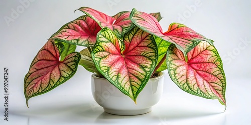 Exotic caladium bicolor leaves in white sugarpot on fisheye lens background photo