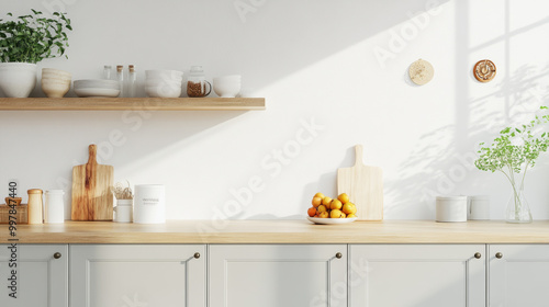 A bright and modern kitchen featuring wooden shelves, white dishes, and bowl of fresh oranges. sunlight casts soft shadows, creating warm and inviting atmosphere