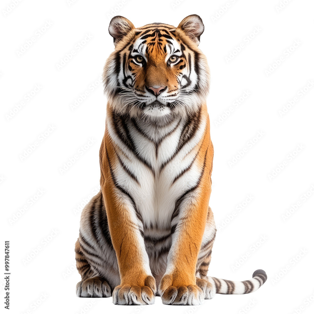 Obraz premium Majestic tiger poised in full front view, showcasing its striking orange and black stripes, fierce gaze, and powerful build, symbolizing strength and grace in nature.