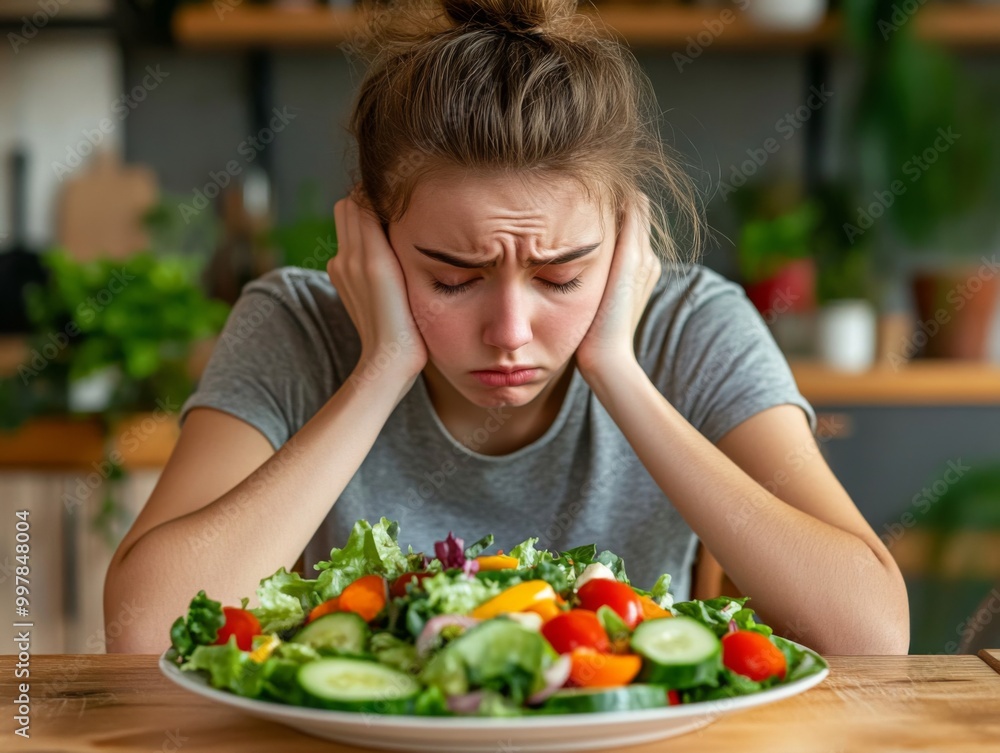 Young woman sitting table plate salad front her Young woman sitting table plate salad front her