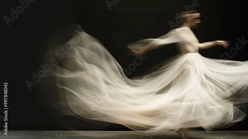 A graceful dancer twirls in flowing white dress, creating mesmerizing blur of movement against dark background. ethereal quality of fabric enhances sense of motion and elegance