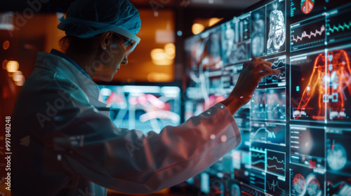 A healthcare professional in lab coat and surgical cap analyzes advanced medical data on digital screen, showcasing various health metrics and imaging results. scene reflects high tech medical environ