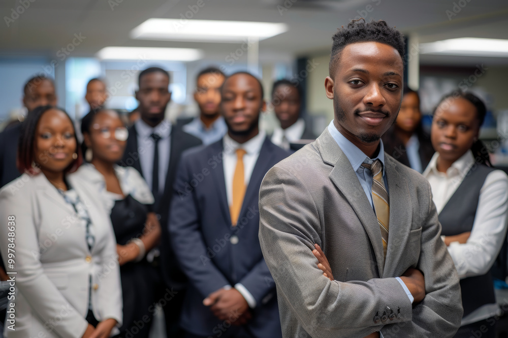 Professional group portrait of diverse business team in office setting, showcasing teamwork and confidence. individuals are dressed in formal attire, exuding sense of unity and professionalism Professional group portrait of diverse business team in office setting, showcasing teamwork and confidence. individuals are dressed in formal attire, exuding sense of unity and professionalism