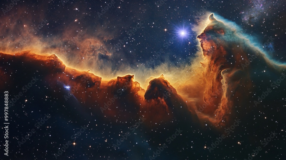 A stunning view of the cosmos with vibrant nebulas and a bright star. A stunning view of the cosmos with vibrant nebulas and a bright star.