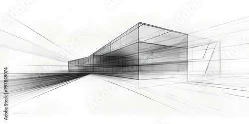 Black white sketch modern building futuristic design appears A drawing