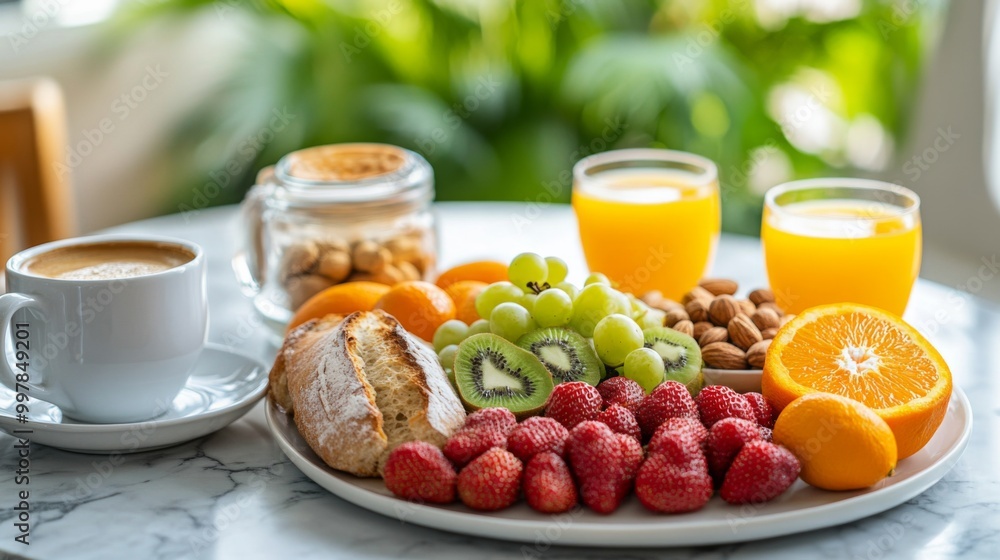 Breakfast spread marble table There are two cups Healthy with fresh Breakfast spread marble table There are two cups Healthy with fresh