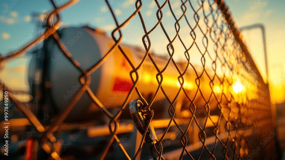 Securing Fuel Transportation: Close-Up of Gasoline Truck Behind Mesh Fence with Detailed Lock Mechanism Securing Fuel Transportation: Close-Up of Gasoline Truck Behind Mesh Fence with Detailed Lock Mechanism