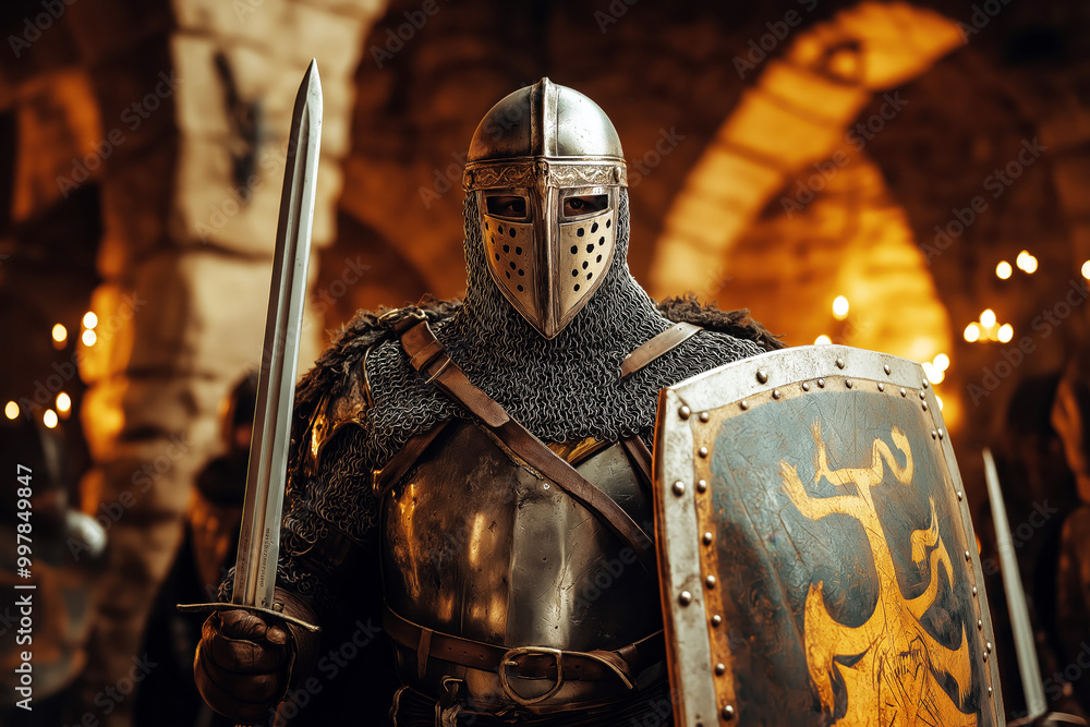Brave Medieval Knight in Full Armor Holding Sword and Shield in a Castle Dungeon with Torches in the Background Brave Medieval Knight in Full Armor Holding Sword and Shield in a Castle Dungeon with Torches in the Background