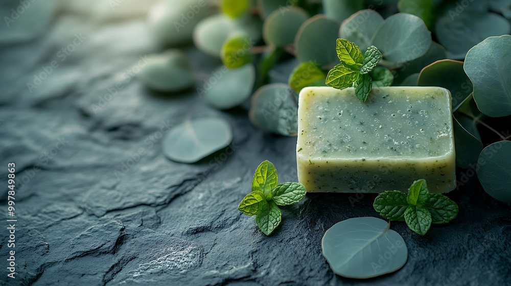 A close-up of eucalyptus and mint soap bar, bright green tones with subtle leaf texture, scattered eucalyptus leaves and mint sprigs, natural sunlight casting gentle highlights, A close-up of eucalyptus and mint soap bar, bright green tones with subtle leaf texture, scattered eucalyptus leaves and mint sprigs, natural sunlight casting gentle highlights,