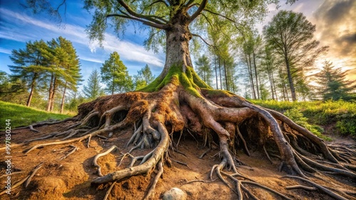 Exposed small tree roots during uprooting photo