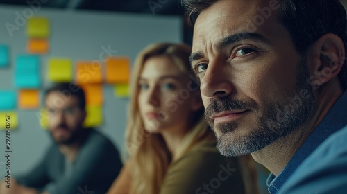 close-up shot of a diverse IT project team in a scrum meeting, with colorful post-it notes on the wall in the background, creating a dynamic and energetic atmosphere.