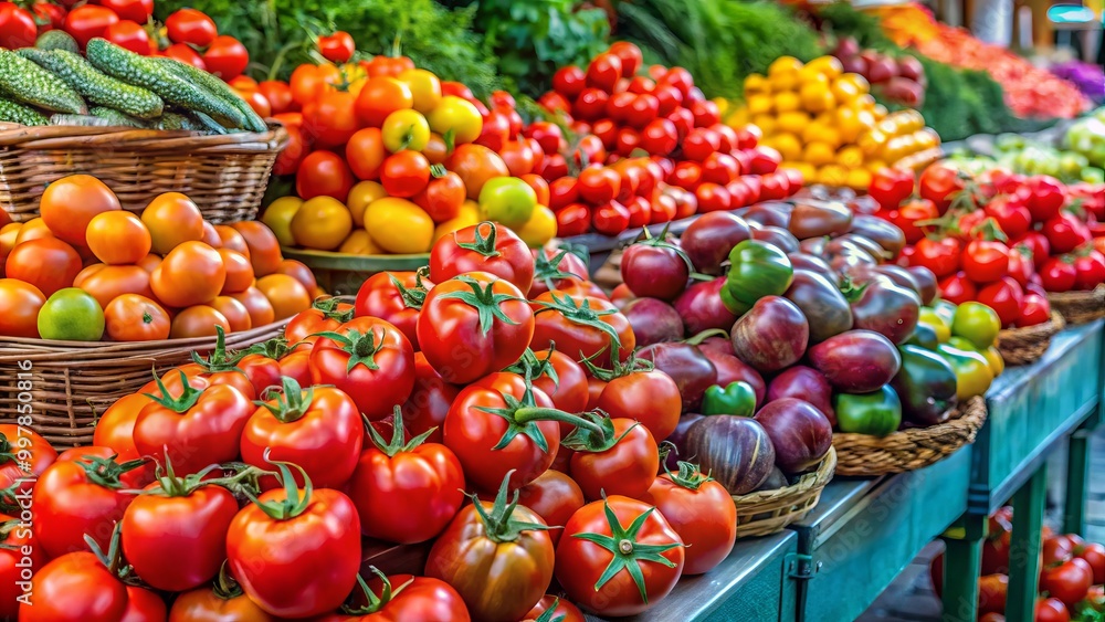 Fresh red tomatoes sit prominently at a lively farmers market stand, beautifully framed by a spectrum of colorful Fresh red tomatoes sit prominently at a lively farmers market stand, beautifully framed by a spectrum of colorful