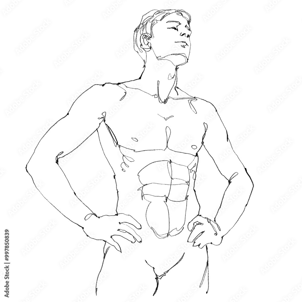 Fototapeta premium Nude male figure, contour drawing for graphic design.