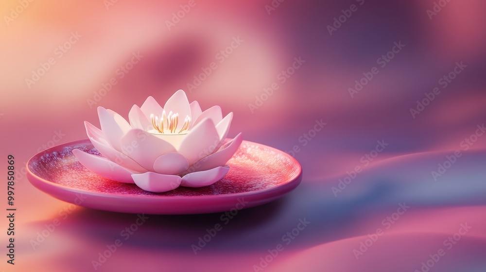 A Single Pink Lotus Flower Resting on a Pink Plate A Single Pink Lotus Flower Resting on a Pink Plate