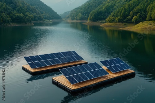 Floating solar panels on a calm lake, generating renewable electricity, renewable resources, water-based solar power photo