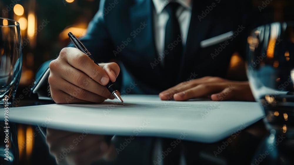 A businessman in a suit is sitting at a table and writing on documents with a pen. Close-up of a hand holding a pen A businessman in a suit is sitting at a table and writing on documents with a pen. Close-up of a hand holding a pen