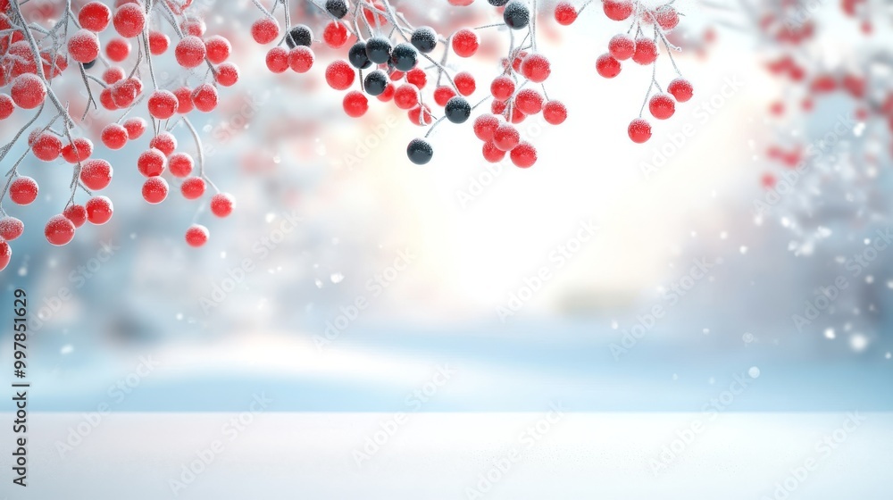 Beautiful winter scene featuring red and black berries covered in frost, creating a serene and magical atmosphere. Beautiful winter scene featuring red and black berries covered in frost, creating a serene and magical atmosphere.