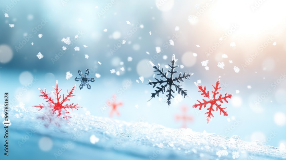 Colorful snowflakes gently falling on a serene winter background, creating a magical and festive atmosphere. Colorful snowflakes gently falling on a serene winter background, creating a magical and festive atmosphere.