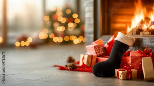 Cozy holiday scene featuring a Christmas stocking by the fireplace amidst beautifully wrapped gifts and festive decorations.