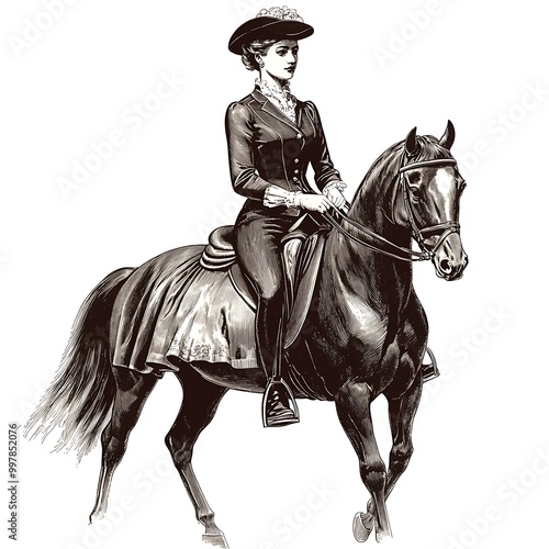 Elegant Woman Riding Horse, Vintage Illustration.