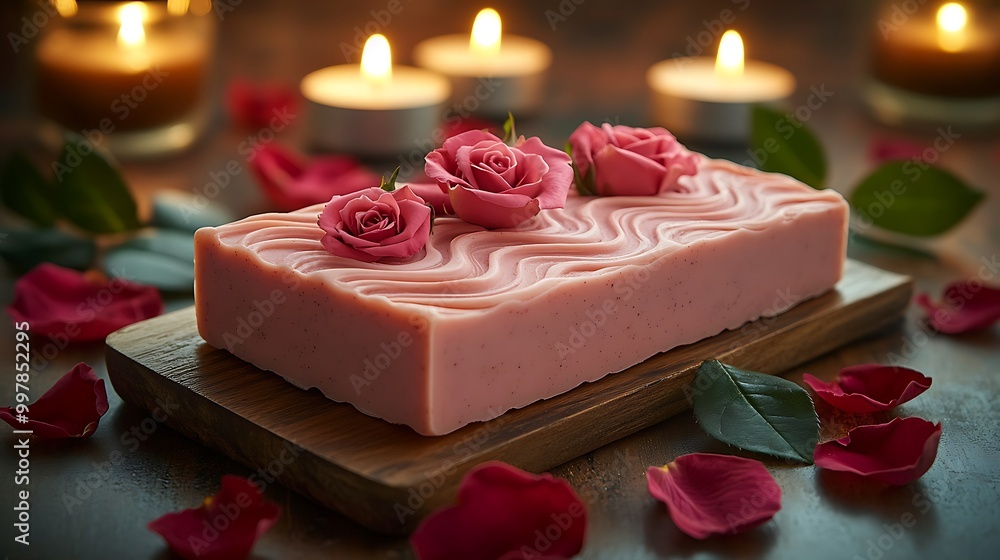 A luxurious rose petals and clay soap bar, soft pink tones with visible clay swirls, surrounded by rose petals and leaves, diffused warm lighting, spa-like setting with candles in the background, A luxurious rose petals and clay soap bar, soft pink tones with visible clay swirls, surrounded by rose petals and leaves, diffused warm lighting, spa-like setting with candles in the background,