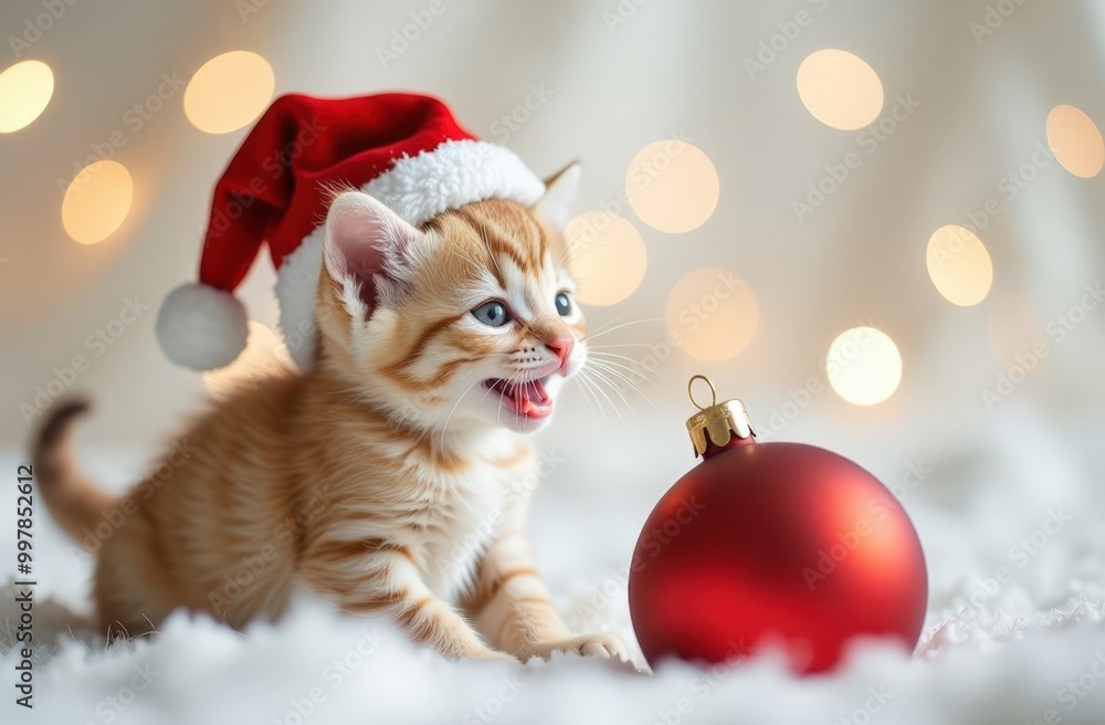 Cute little kitten in Santa hat plays with big red ornament over festive Christmas background with golden bokeh lights. Cute little kitten in Santa hat plays with big red ornament over festive Christmas background with golden bokeh lights.