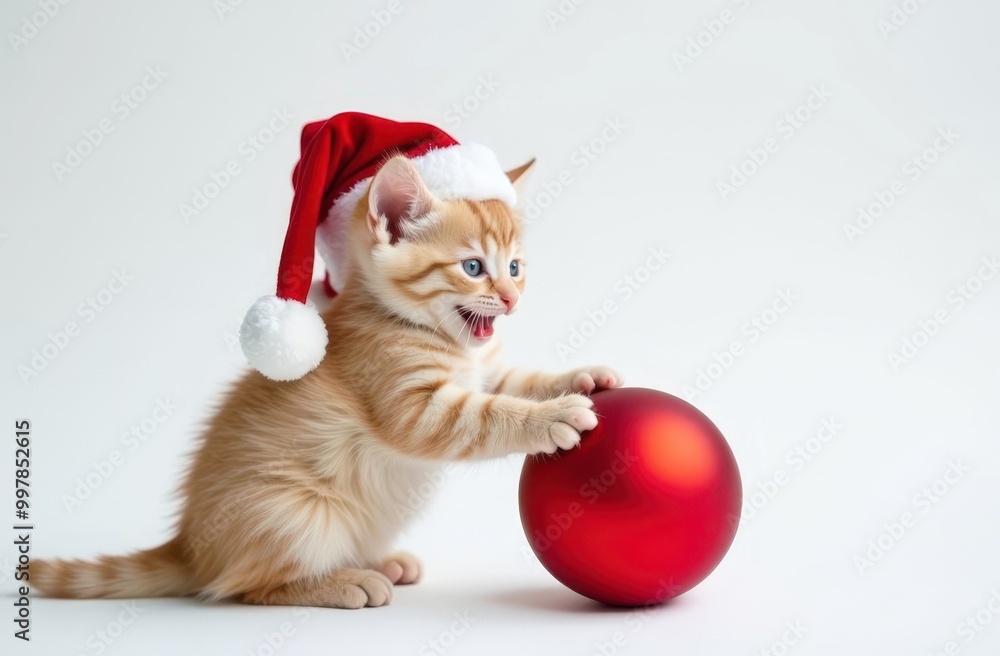 Fototapeta premium Cute ginger kitten in Santa hat playing with a red Christmas ball ornament on a white background.