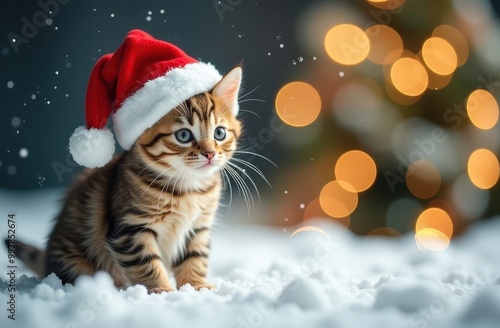 Cute little kitten in Santa hat in snow over snowy Christmas tree festive blurred golden bokeh lights. 