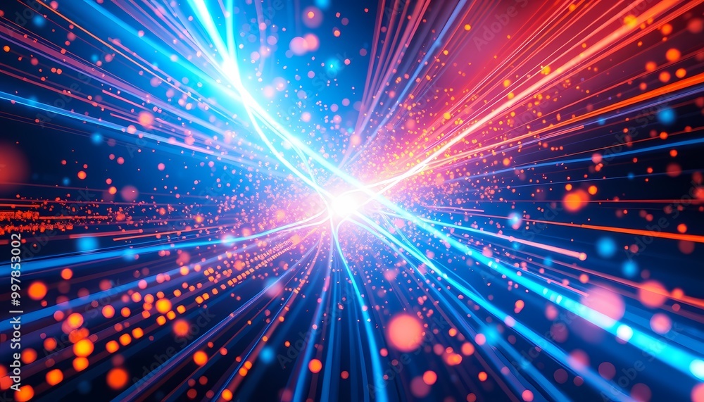 Vivid Blue and Orange Light Streams with Glowing Particles and Complex Digital Patterns Background Vivid Blue and Orange Light Streams with Glowing Particles and Complex Digital Patterns Background